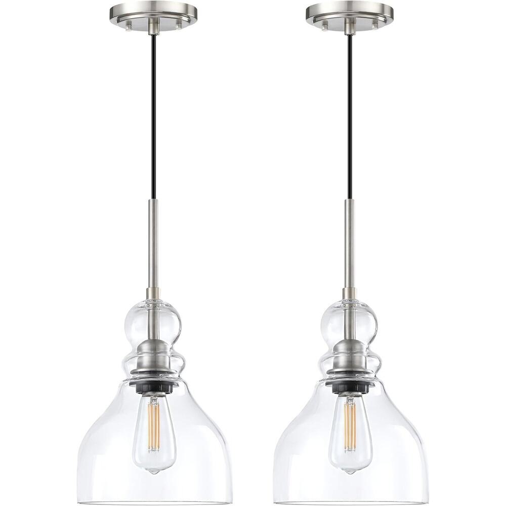 2 Pack Kitchen Island Pendant Ceiling Light 6.5" Clear Glass Brushed Nickel
